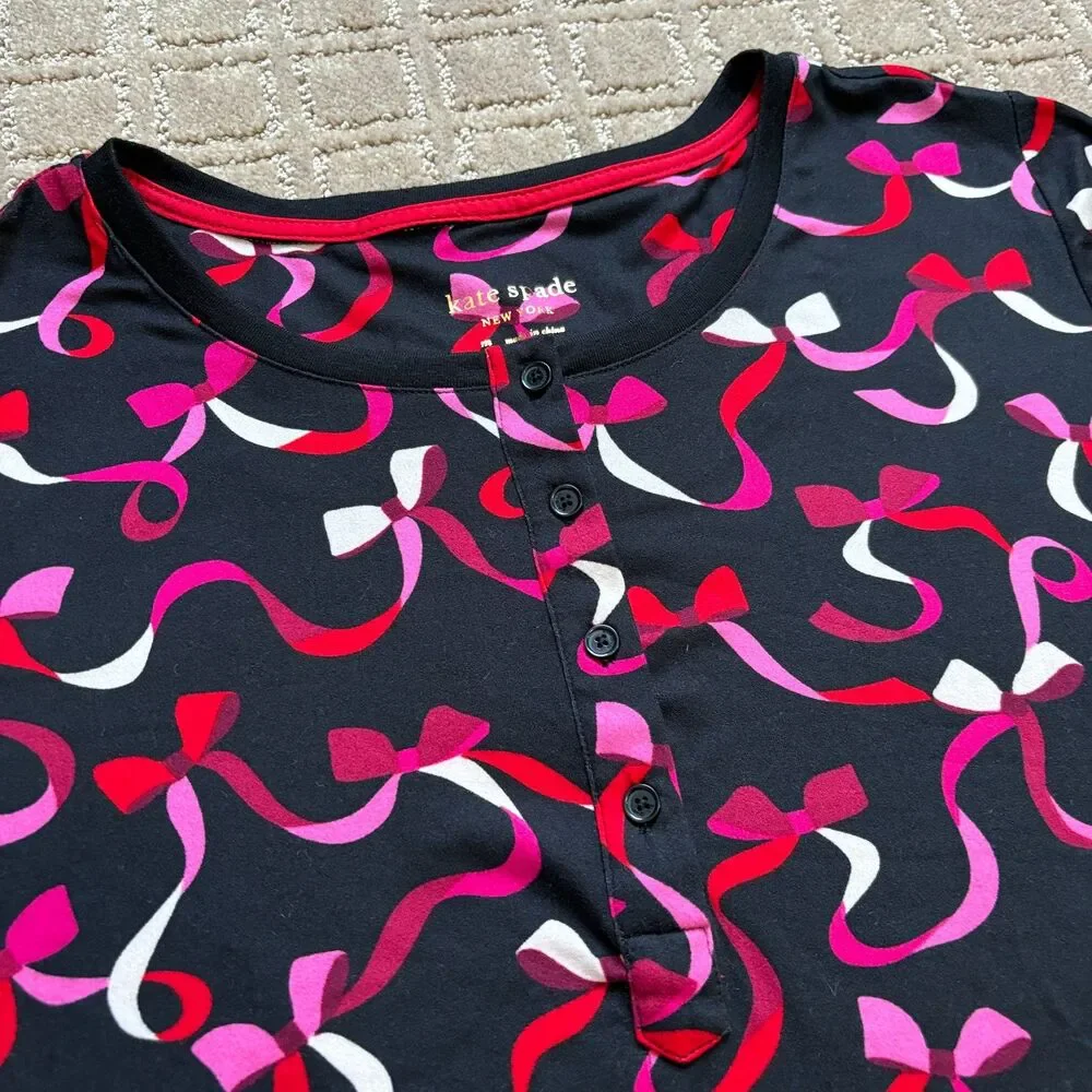 Kate Spade Henley Ribbon Bow Pajama Top Long Sleeve Sz Medium Black Pink *Flaw*
